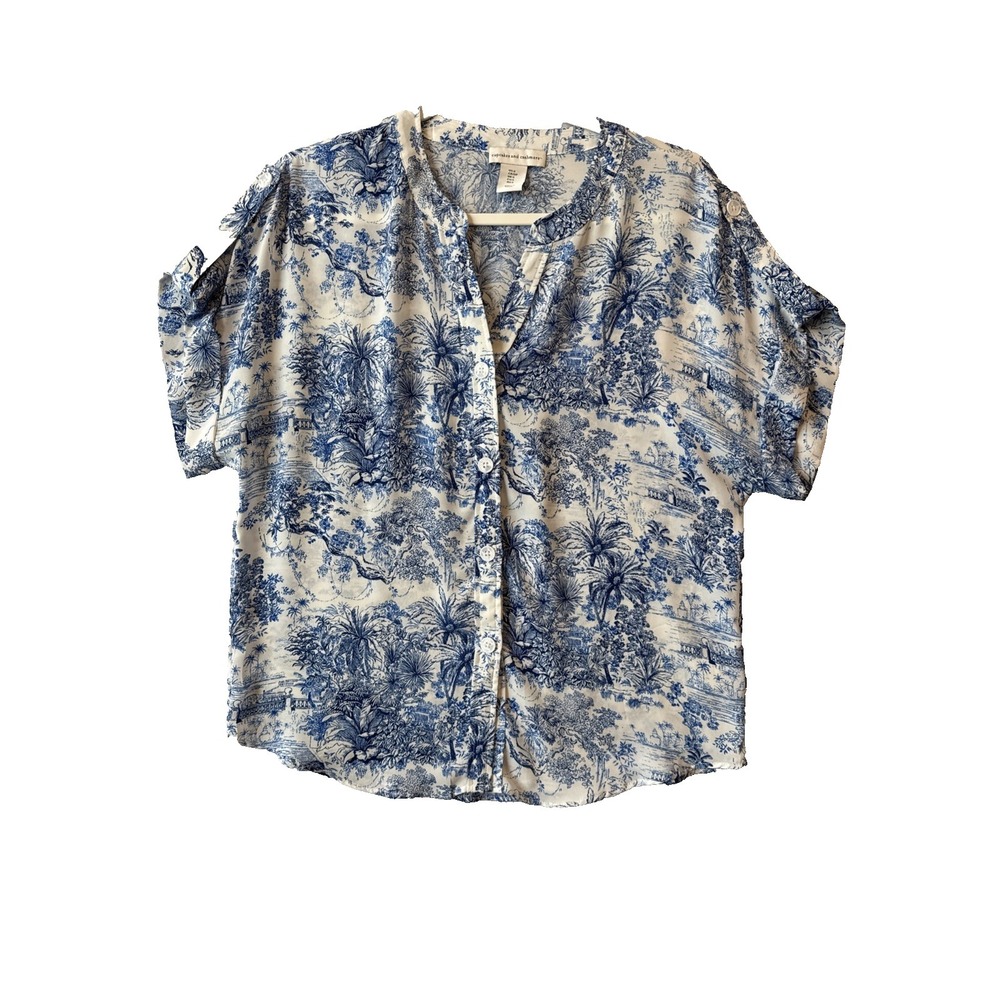 Cupcakes & Cashmere Blue Toile Print‎ Button Up Short Roll Tab Blouse S Coastal